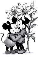 Winne the pooh and minnie mouse hugging a lily flower and the stem is a cross tattoo design idea