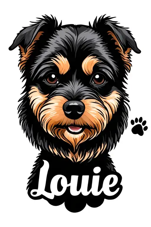 Dog's name 'Louie', text only and paw print inside tattoo design idea