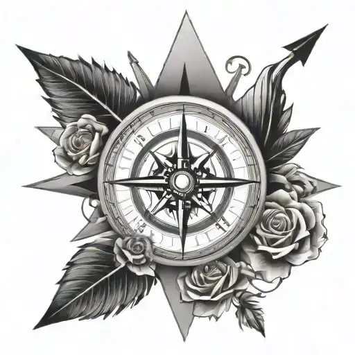 compass rose with arrow and clock tattoo design idea