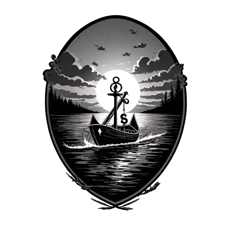 an artistic tattoo design of an anchor and a small boat with sb on it going towards the sun on a river, Profesional and  tattoo design idea