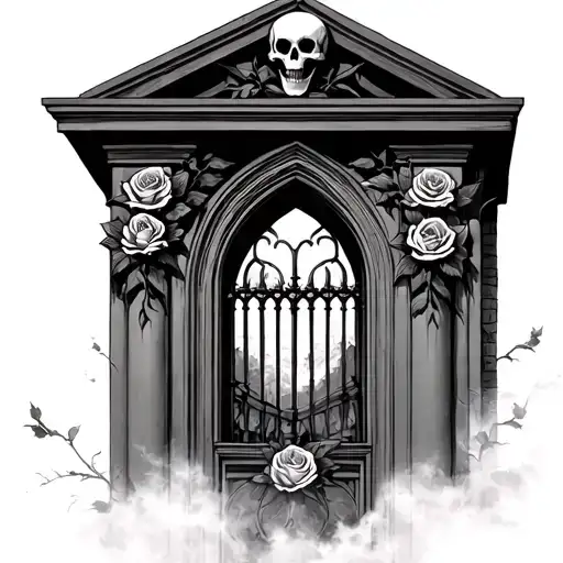 tall gothic architectural window with skulls, roses, and a moon, bars over the window and mist below the window  tattoo design idea