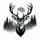 realistic deer head outline with realistic pine trees and mountain inside tattoo design idea