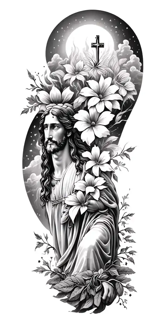 Jesus Christ's resurrection, different types of flowers, Trees, clouds of fire, nature, stars, mountains, strength tattoo design idea