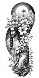 Jesus Christ's resurrection, different types of flowers, Trees, clouds of fire, nature, stars, mountains, strength tattoo design idea