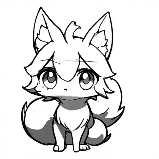 anime nine tail fox, clean black outline only, big eyes and curled tail, 1-inch tatto tattoo design idea