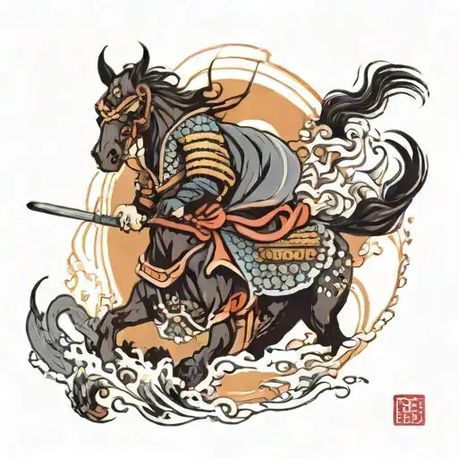 samurai riding a black horse with demonic aura tattoo design idea