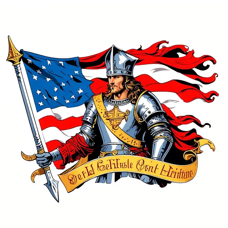 male Templar knight with at George flag flowing around him  tattoo design idea