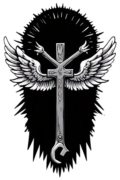 wrench cross with wings and sun rays coming out of clouds tattoo design idea
