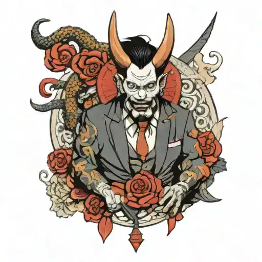 Japanese devil wears a suit tattoo design idea