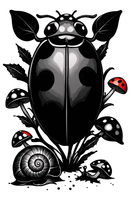 garden scene with ladybugs, roly poly bug, snails, and mushrooms tattoo design idea