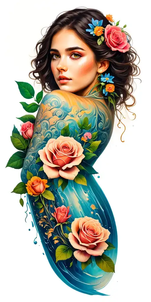 healing flowes roses family love travel colour full sleeve with water  tattoo design idea