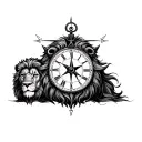 compass clock and lion head tattoo design idea