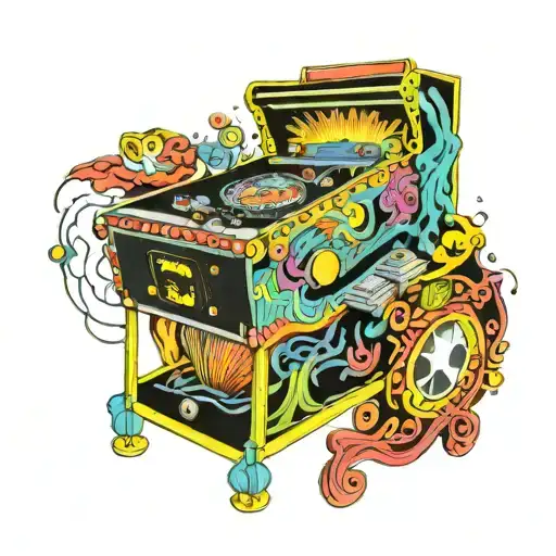 A psychedelic pinball machine with vibrant colors and intricate details, incorporating elements of theater technology like spotlights and stage curtains tattoo design idea