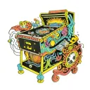 A psychedelic pinball machine with vibrant colors and intricate details, incorporating elements of theater technology like spotlights and stage curtains tattoo design idea