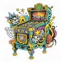 A psychedelic pinball machine with vibrant colors and intricate details, incorporating elements of theater technology like spotlights and stage curtains tattoo design idea