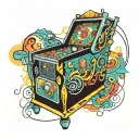 A psychedelic pinball machine with vibrant colors and intricate details, incorporating elements of theater technology like spotlights and stage curtains tattoo design idea