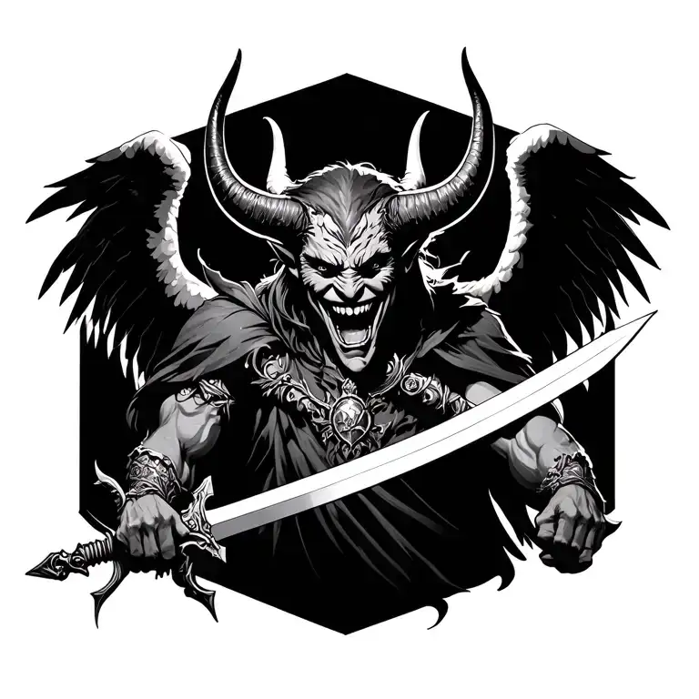 Demon with horns killing angel with sword while smiling. tattoo design idea