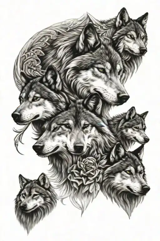 mom wolf with 2 angel wolves and one baby wolf tattoo design idea