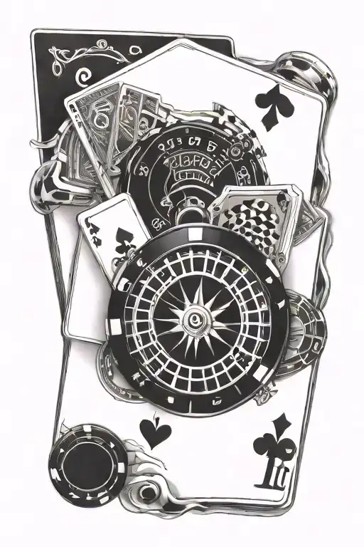 casino, cards, royal flush, chips, roulette wheel tattoo design idea