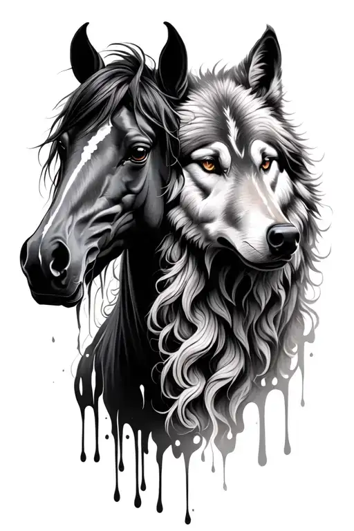 fresian horse, wolf head and Ravern melting into each other  tattoo design idea