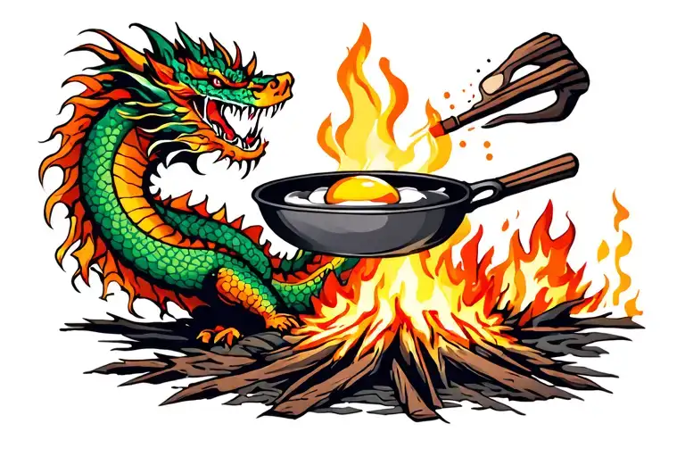 japanese dragon over a camp fire flipping an egg in a skillet arm tattoo no color tattoo design idea