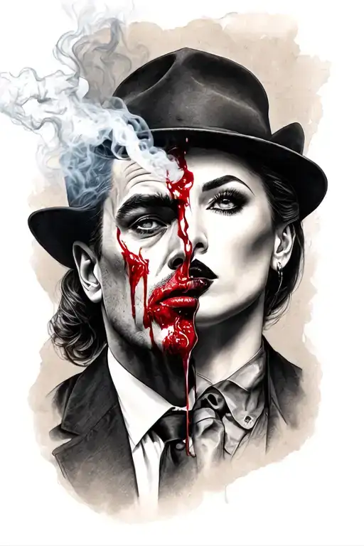 mob boss male face and woman smoking both with eyes bleeding not combined   tattoo design idea