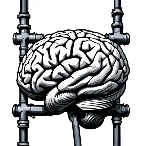 A brain with plumbing pipes as neural pathways, highlighting the importance of mental health and self improvement tattoo design idea