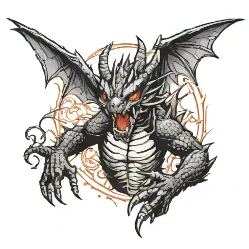 little black dragon with pentagram on forehead in fighting stance breathing fire tattoo design idea