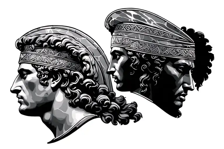 achilles and alexander the great depicted like juno both wearing tradition head gear marble bust style tattoo design idea