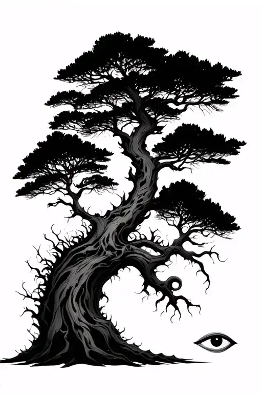 fine line abstract design cypress tree and evil eye tattoo design idea