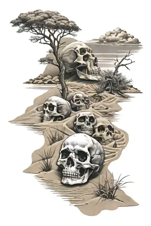 sand dunes and small skulls and sky  tattoo design idea