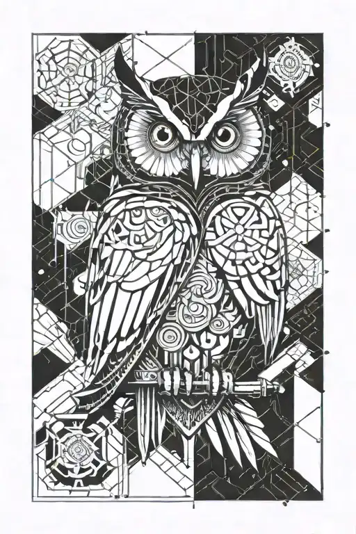 owl with nordic patterns and symbols hanging on a chain from her claws tattoo design idea