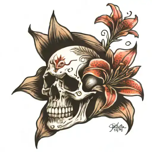 skull with small stargazer lily flower tattoo design idea