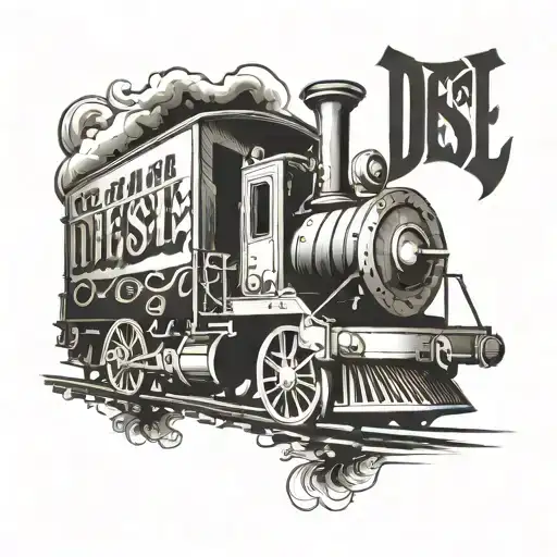 A black and white ambigram of the word "Diesel" in the shape of a old fashioned train from the side. tattoo design idea