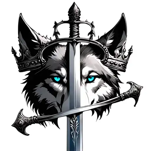 a sword going through 2 crowns, with a wolfs face in blue eyes, a realitic human eye with details,  tattoo design idea