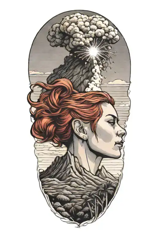 side profile,female, red hair, hawaii, nature, volcano explosion tattoo design idea
