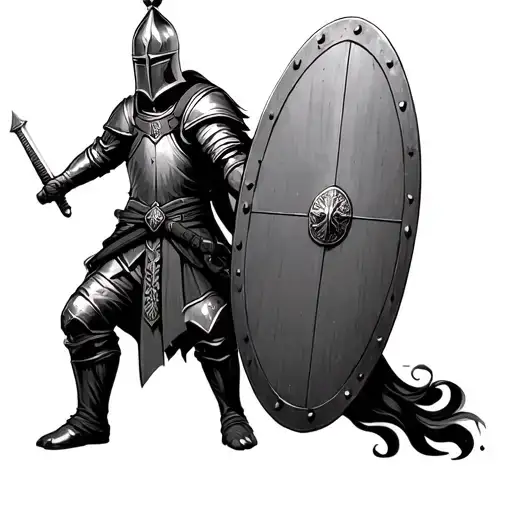 CREATE ME A PICTURE OF A TEMPLAR SOLDIER HOLDING AN OVAL SHIELD IN THE RIGHT HAND AND A SWORD IN THE LEFT HAND FACED DOW tattoo design idea