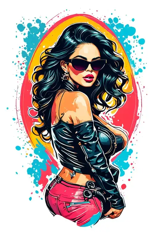 female egg woman biker wearing leathers and sunglasses as a pinup tattoo design idea