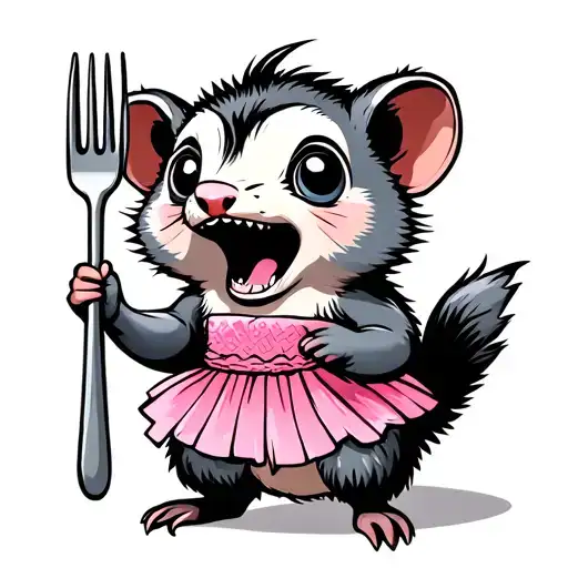 open mouth cute possum wearing pink tutu holding fork tattoo design idea