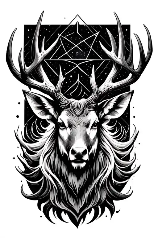 realist front-facing stag god up to chest, anxiety, waves and cosmos elements, geometrical shape above and behind tattoo design idea