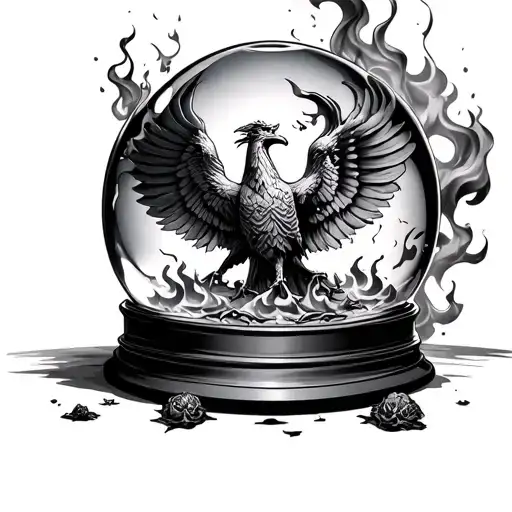 crystal ball with tombstone inside, cracked with smoke coming out.   smoke turnes into flames that makes a phoenix tattoo design idea
