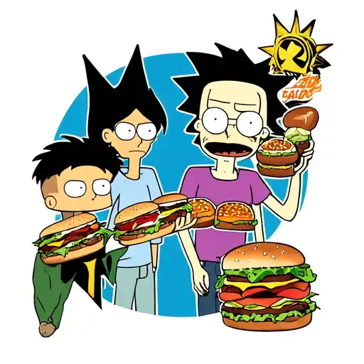 a sleeve design on the forearm of a crossover between bobs burgers, futurama, solar opposites and Rick and Morty  tattoo design idea