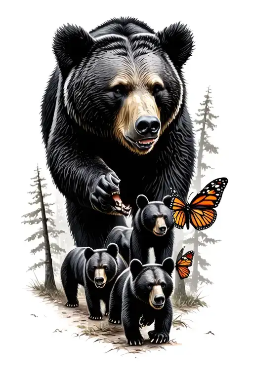 Papa bear and 3 black bear cubs and 2 monarch butterfly walking in the wilderness trees tattoo design idea