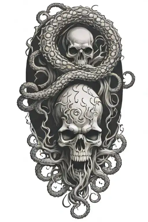 A black and grey tattoo of a malevolent kraken overtaking a skull with its massive tentacles in a hauntingly beautiful way tattoo design idea
