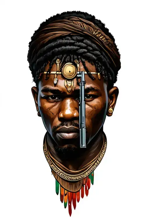 African warrior holding machine gun tattoo design idea