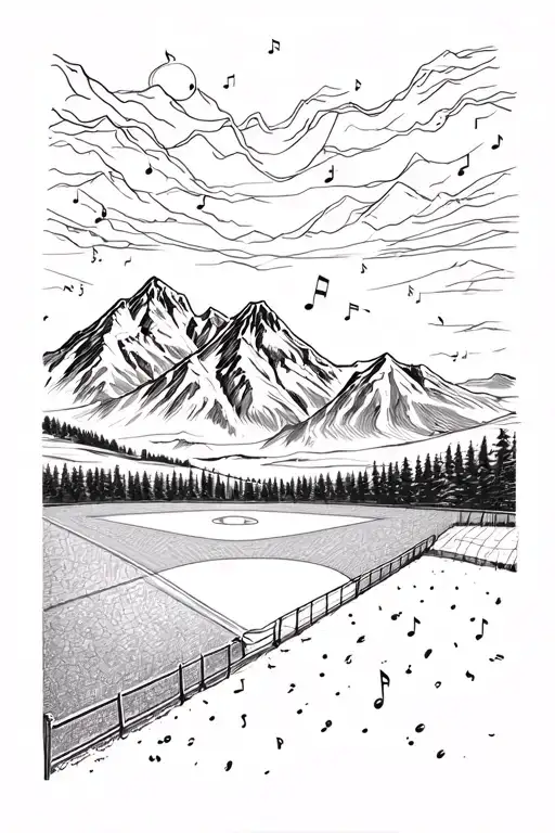 A mountain landscape with a baseball diamond at the base, incorporating musical notes in the sky tattoo design idea
