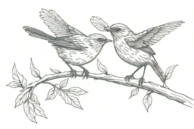 small robin flying away other from other robin who is oerched on branch tattoo design idea