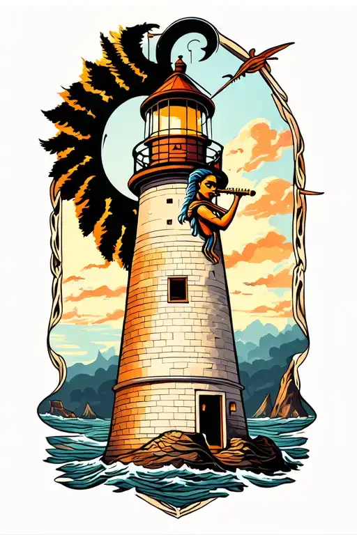 lighthouse with a kokopelli the flute player in the middle of the lighthouse on the lighthouse wall tattoo design idea