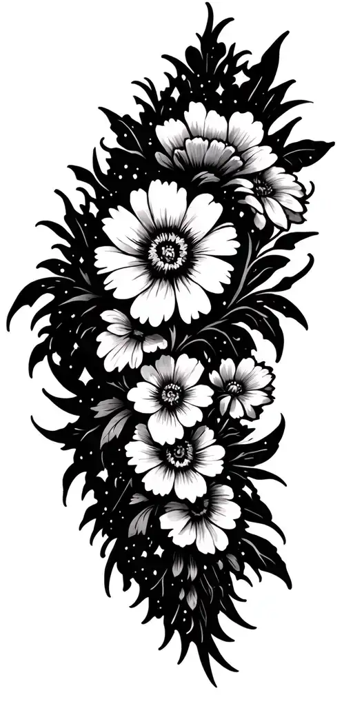 small traditional flowers embedded in  black. negative space sparkles  throughout gap filler between flowers tattoo design idea