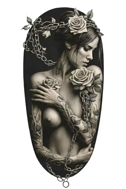 Naked girl, intertwined roots growing from chains on wrist, roses with sharp vines tattoo design idea